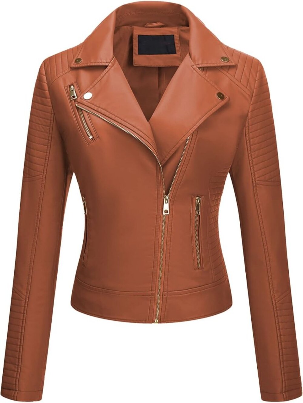 Women's Brown Faux Leather Casual Moto Biker Lightweight Jacket Slim Fit Coat